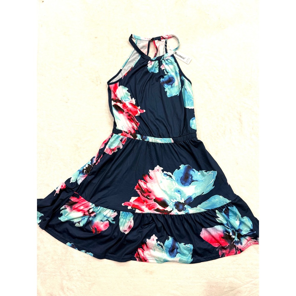 Newshows Womens Floral Halter Neck Mini Dress Blue Pink Stretchy Summer Size S - Picture 4 of 8